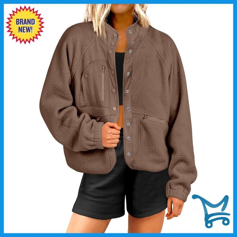 Womens Cropped Sherpa Fleece Jacket Button Front Pockets Casual Fall Winter